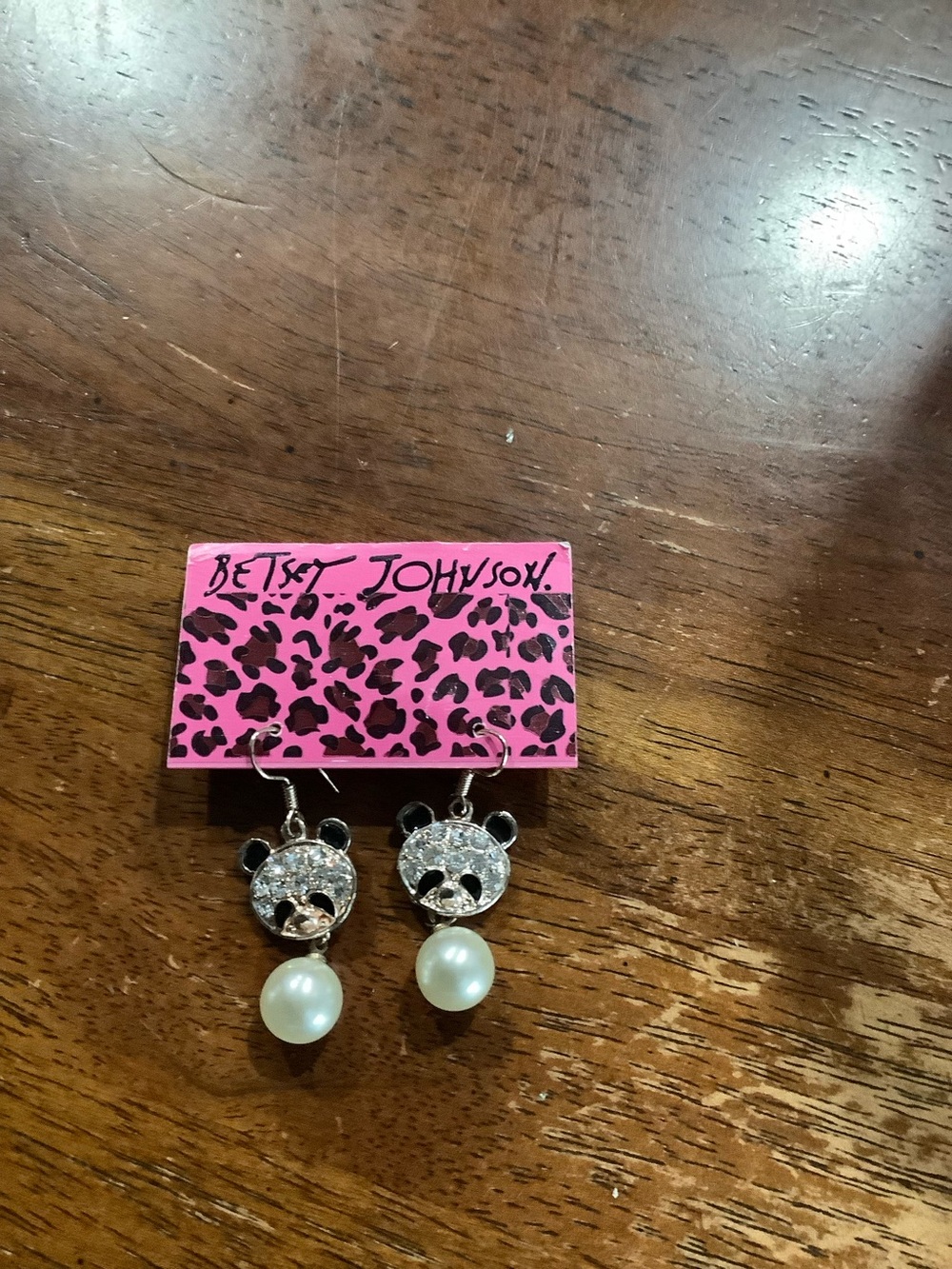 Betsey Johnson Pink & Black Panda Pearl Drop Earrings